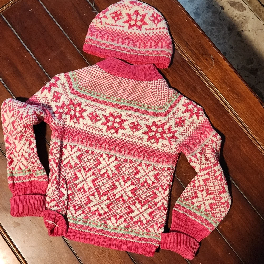 GAP Pink and White Knit Sweater With Hat